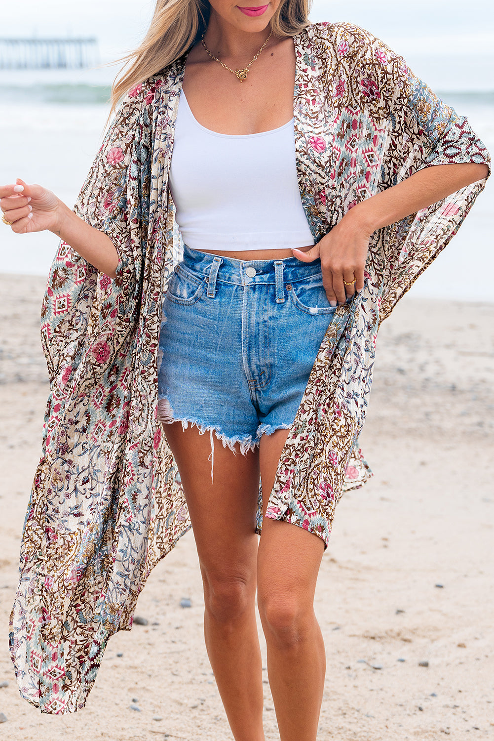 Love Salve  Apricot Floral Print Short Wide Sleeve Open Love Salve